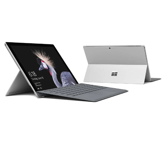 Microsoft Surface Pro reconditionnée capot arrière logo Microsoft et vue de côté gauche