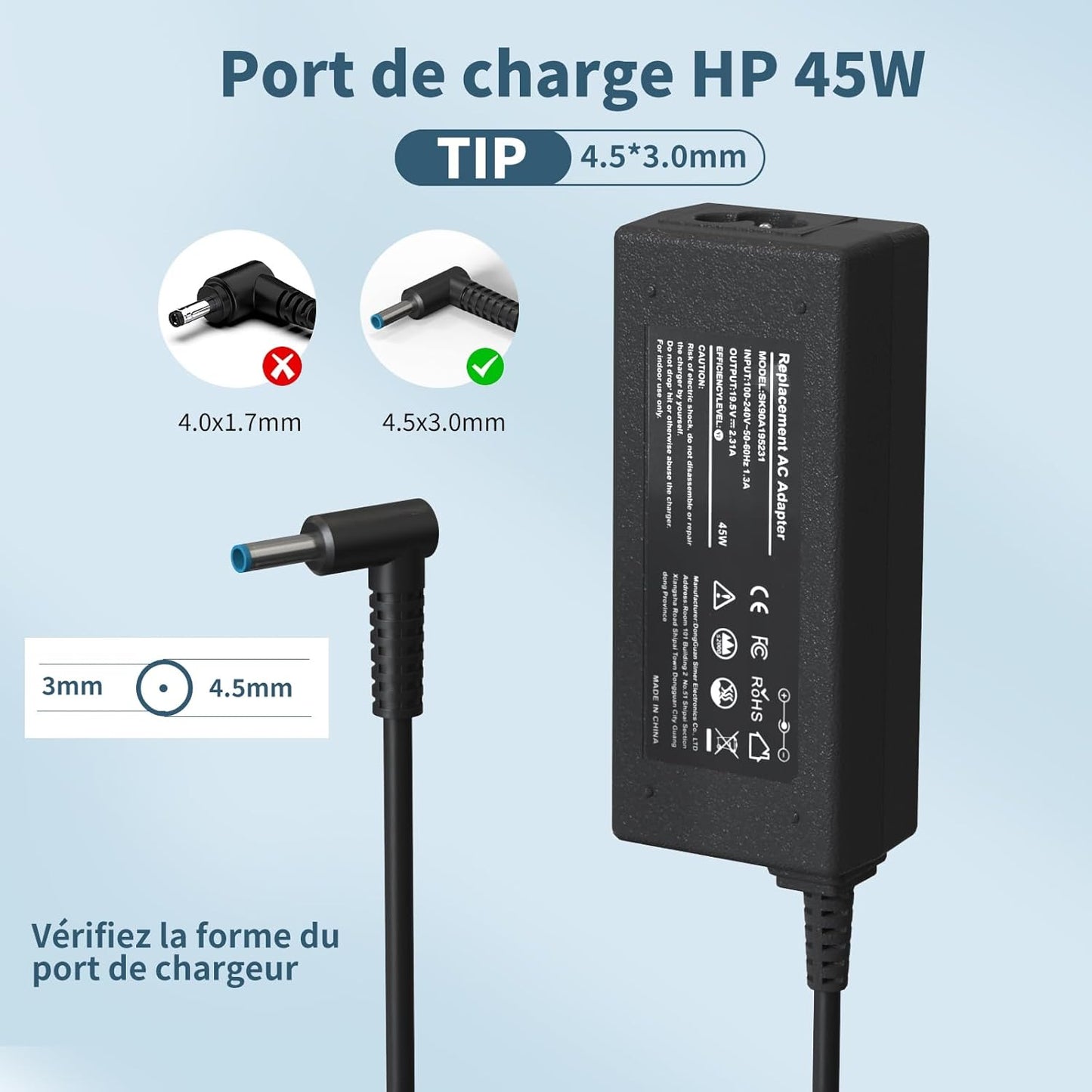 Cargador de clavija azul de 65 W para la serie HP EliteBook/Probook