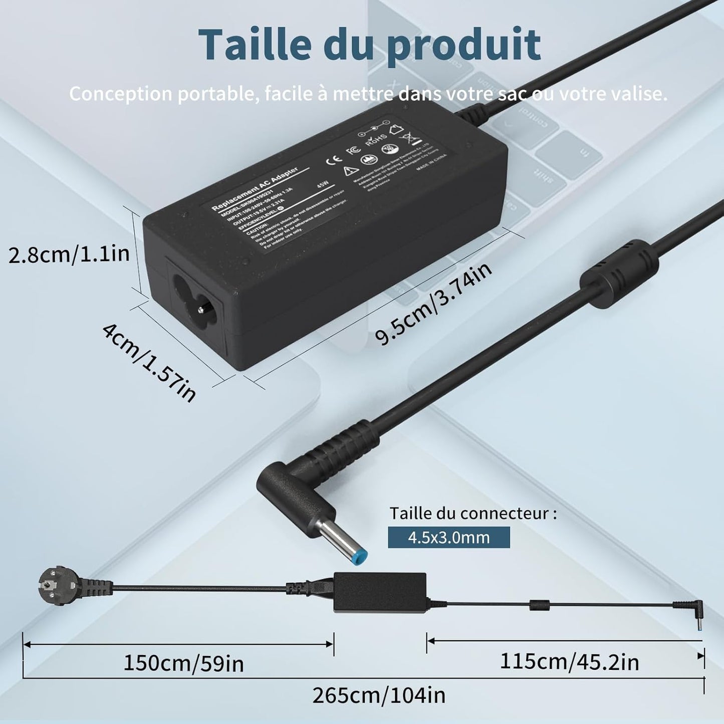 Cargador de clavija azul de 65 W para la serie HP EliteBook/Probook